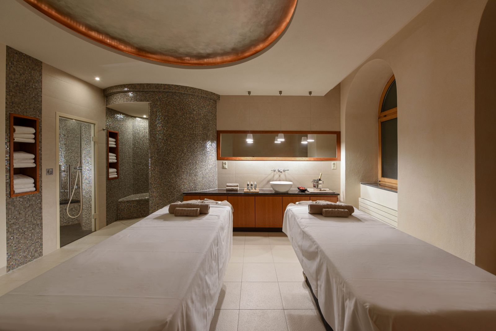 Hotel Cresta Palace, St Moritz - spa treatment room set up for double massage